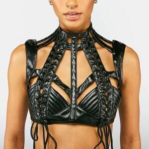 NWT New Club Exx Black Harness Cut Out Lace Up Bra Top Size XL